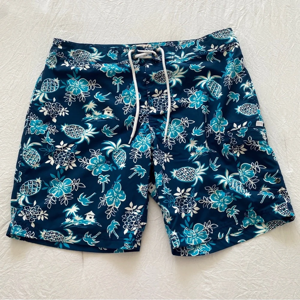 J.crew blue swim trunks floral pineapple cool tropical pattern men’s size 35
